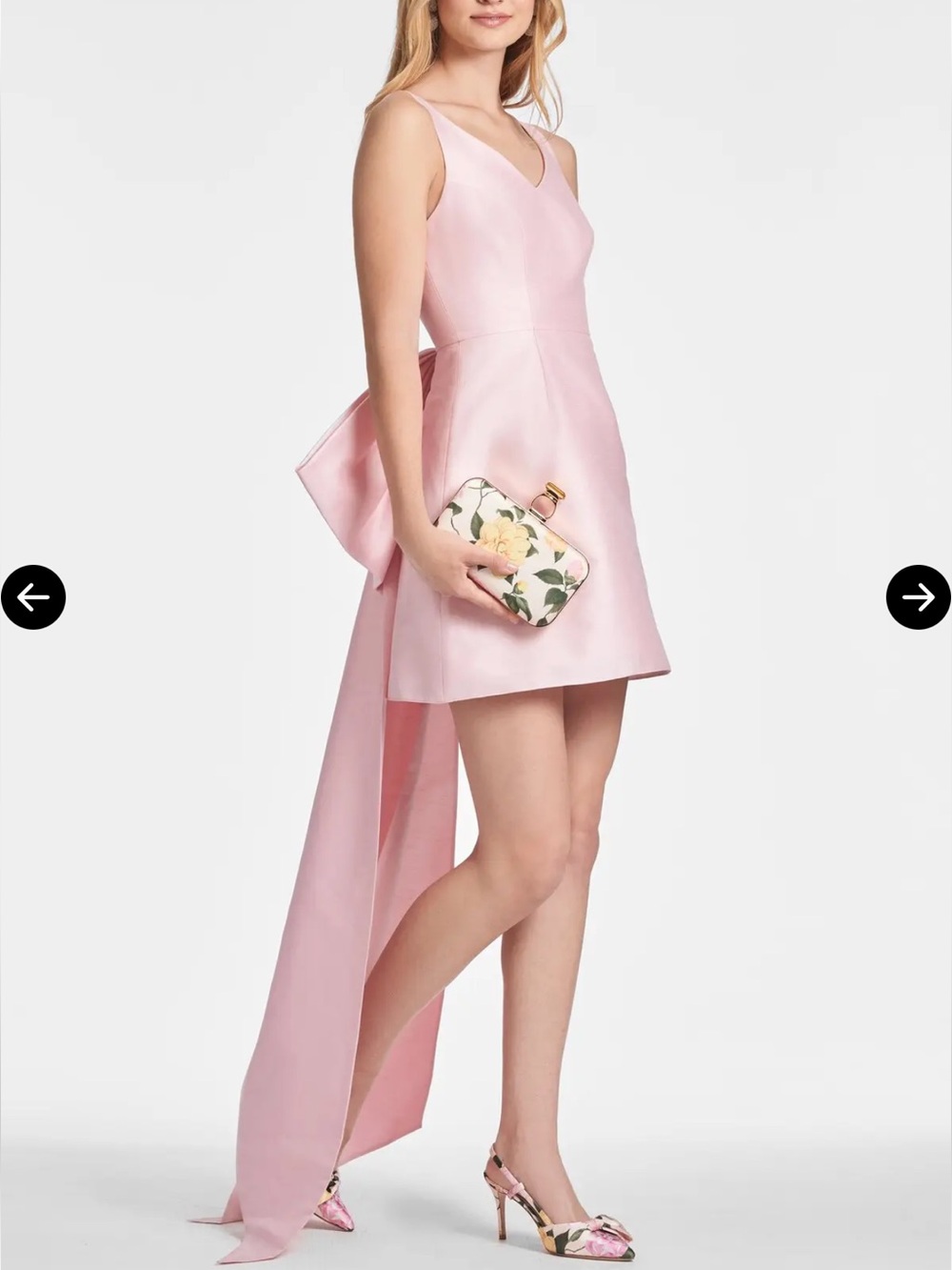 Sachin + Babi Blush Pink V-Neck High-Low Mini Dress with Dramatic Back Bow Train
